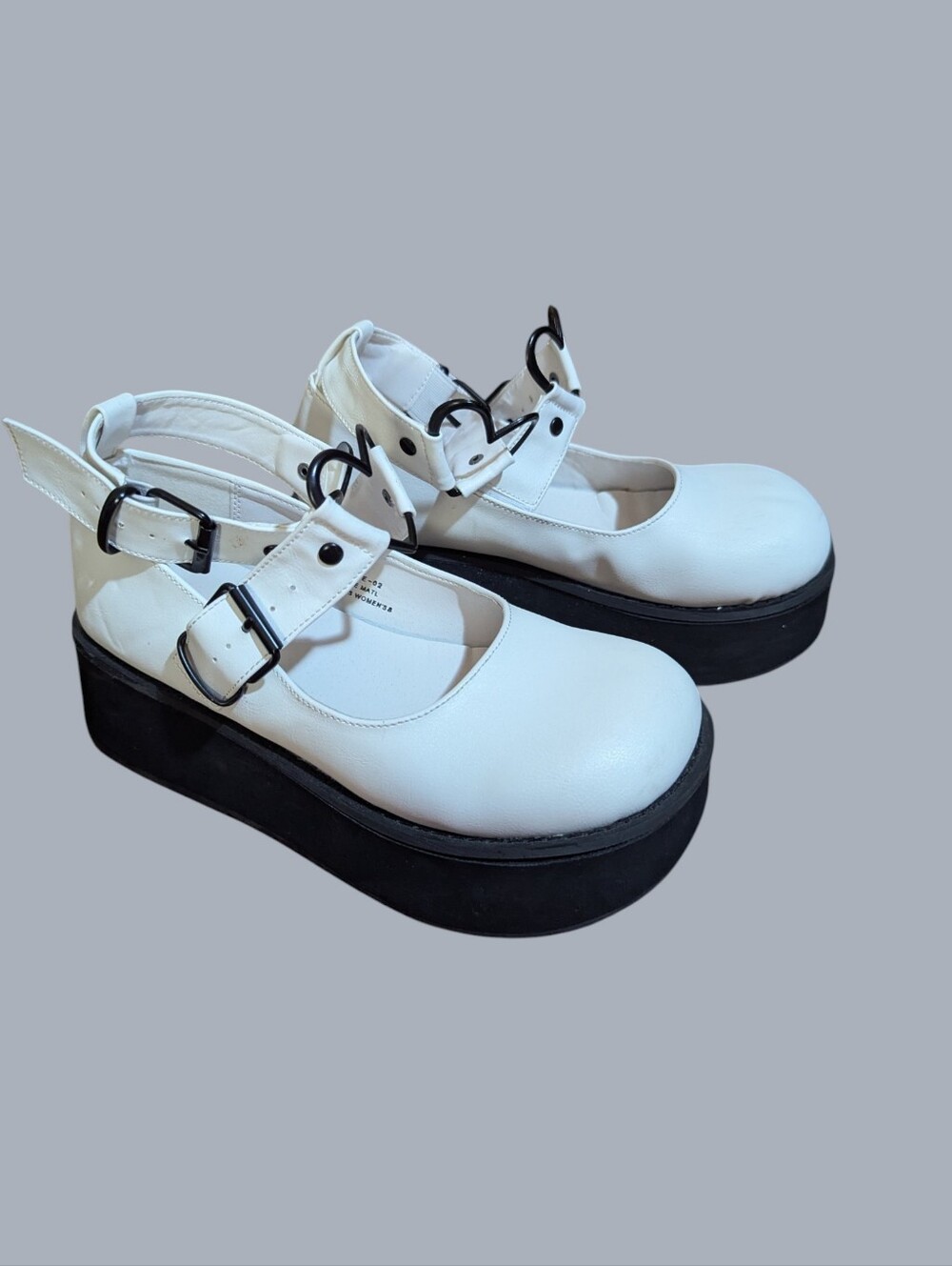 Goth Grunge Demonia Sprite White Black Platform Mary Jane Heart Buckle Shoes